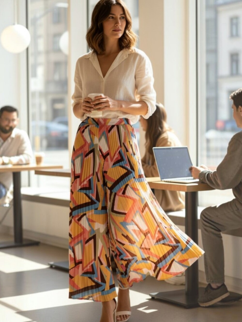 Zara Geometric Pleated Wide Leg Pants - Pink, Yellow, Blue, Brown, Cream
